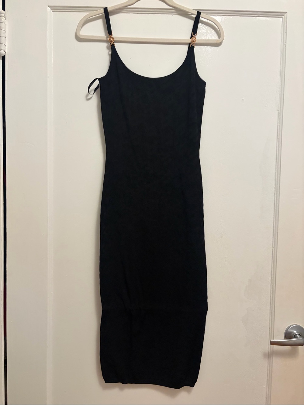 Versace Black Midi Slip Dress with Gold Medusa Strap Details